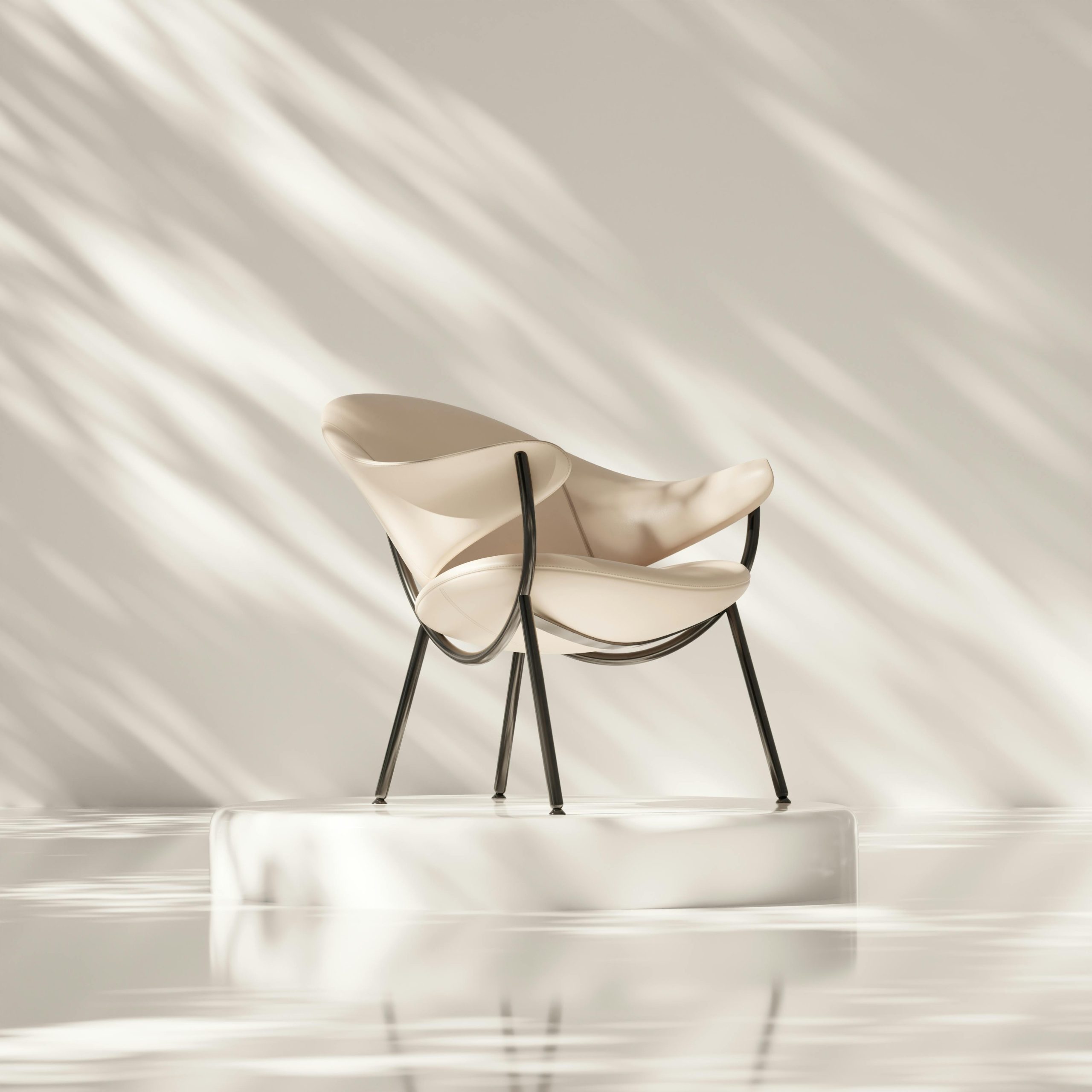 A modern armchair with sleek design in a minimalist interior with soft lighting.